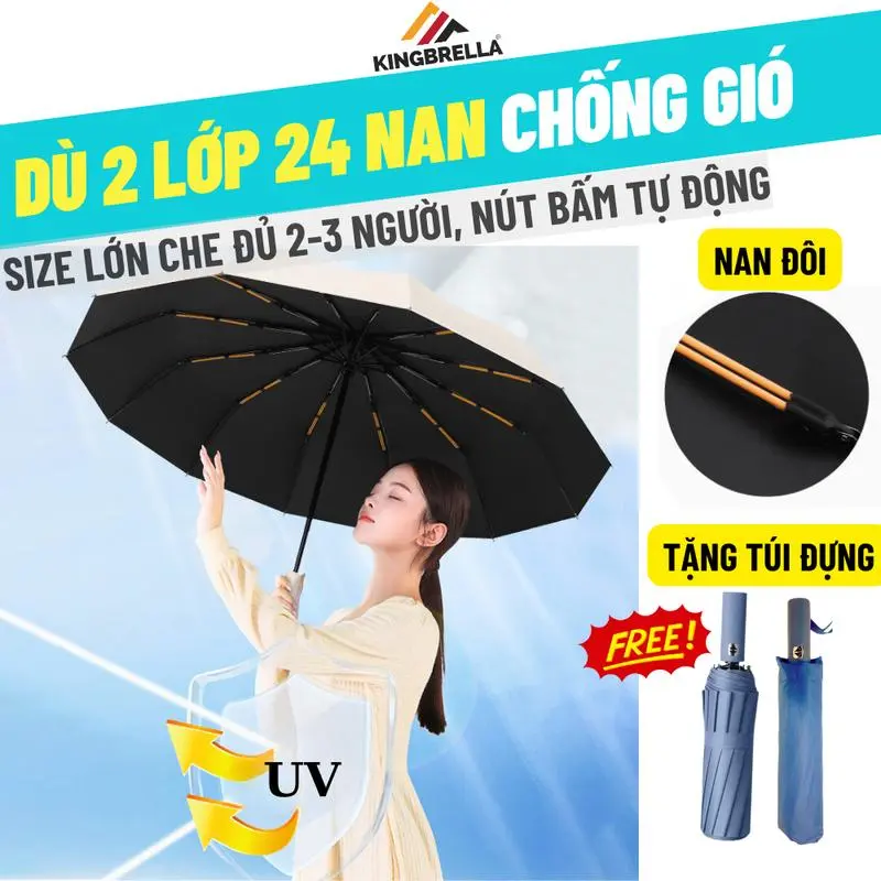 Ô Dù Chống Bão 12 Nan Mở Gập Tự Động Phủ Vinyl 2 Lớp Che Mưa Che Nắng, Chống Thấm, Chống tia UV Minchan Kingbrella mưa và nắng đóng ô: tự động