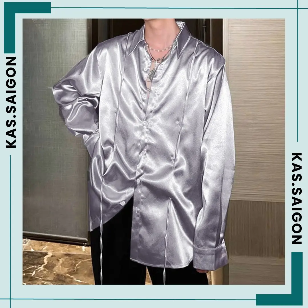 Áo sơ mi lụa satin nam tay dài phối dây form rộng