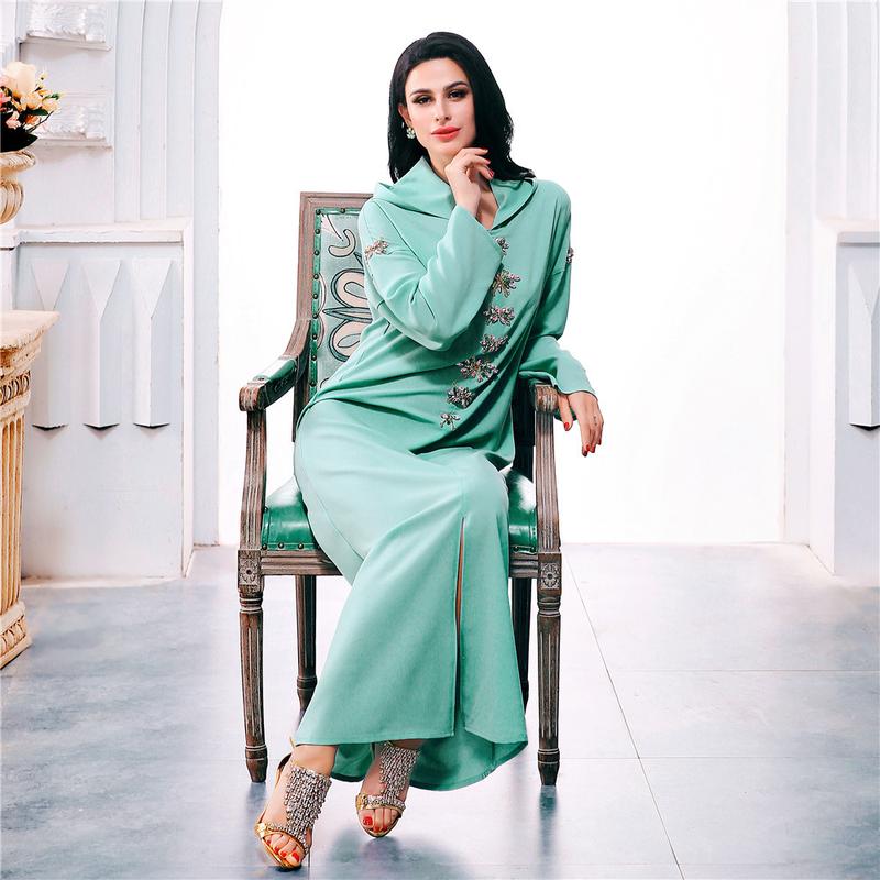 Product Introduction of Ba302 Water Green Hand-Stitched Glass Diamond Decorations Hooded Robe Middle East Southeast Asia Women's Robe 9