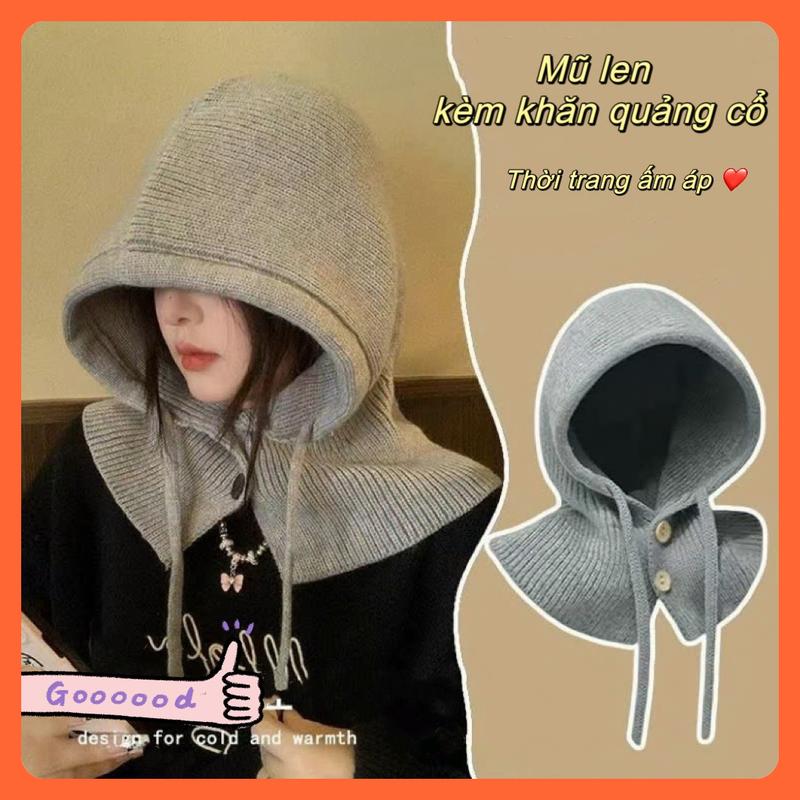 Mũ nón len đội đầu nữ 3 trong 1 kèm khăn quàng cổ xinh đa năng trùm tai mùa đông ấm màu trơn đẹp rẻ thời trang Women