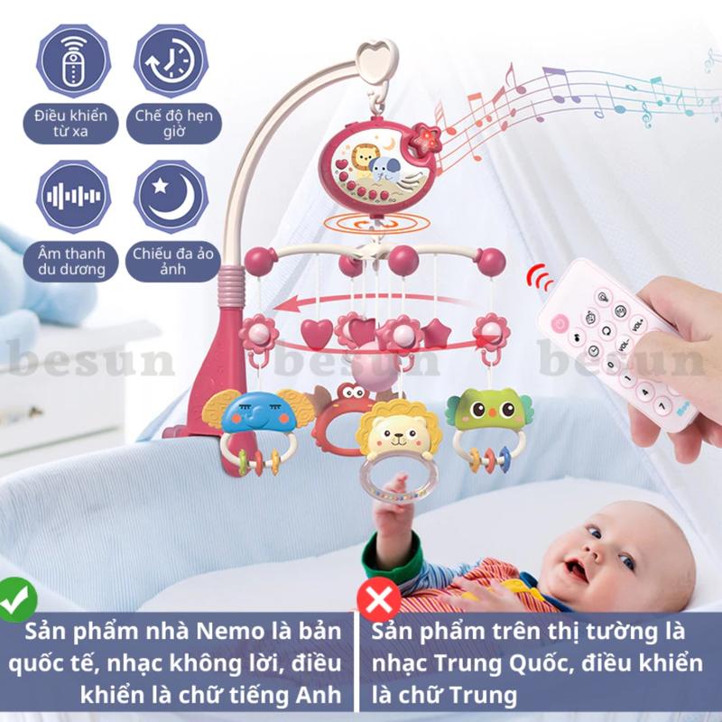 [LOẠI 1 TREO NÔI CÓ REMOTE ĐIỀU KHIỂN KÈM PIN] Đồ chơi treo nôi kích thích thị giác cho bé sơ sinh - Đồ chơi phát nhạc, có nhiều hình vui nhộn cho bé