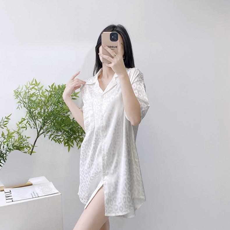 Product Introduction of 2025 New Ice Silk Nightdress for Women Summer Short Sleeve Cardigan Mid-Length Pajamas Thin Sexy Loose Loungewear 18