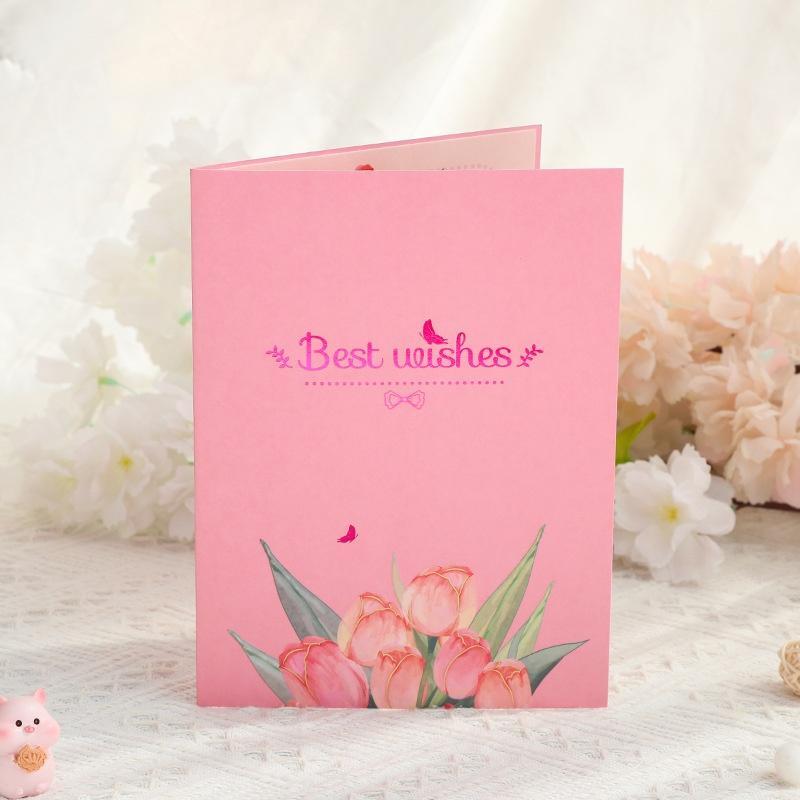 3D Tulip Pop-Up Card, 1 Count Creative Flower Design Greeting Card with Envelope, Birthday Gift for Mom, Mother's Day Gift 3