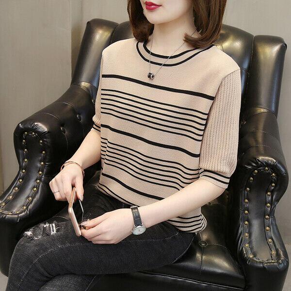 Áo Len Lụa Lạnh Kẻ Sọc, Cỡ Lớn STORE, Áo Ngắn Tay Nữ, Áo Phông Cổ Tròn, Áo Lớp Nền, Mùa Hè 2024 Hàng Mới Về Top Lolita Women Tay Loe