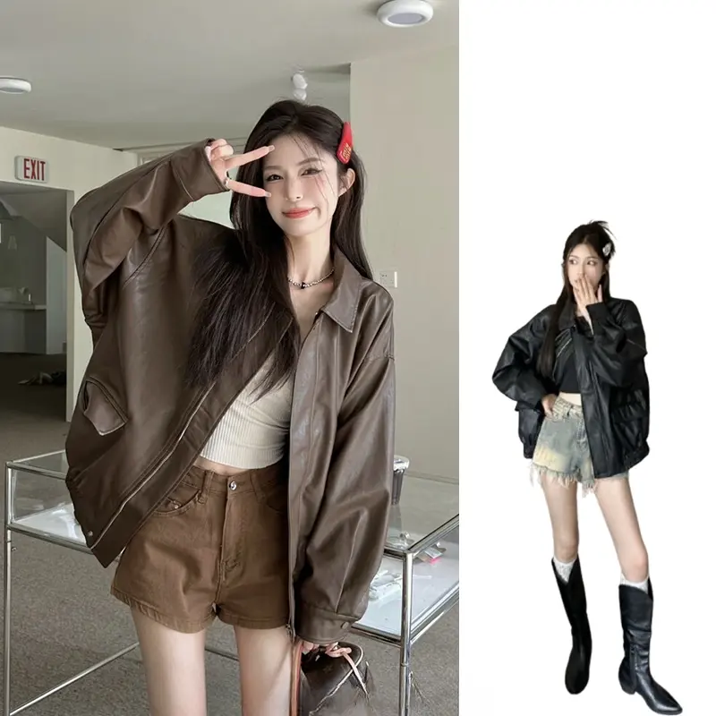 RICH-THEY Girls 'retro Ngắn Phong Cách Hàn Quốc Áo Khoác Da Dáng Rộng Đẹp Trai Áo Khoác Xe Máy