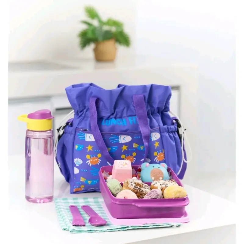 Totebag Tas Bekal Kotak Makan Botol Anti Tumpah Set Pink 3
