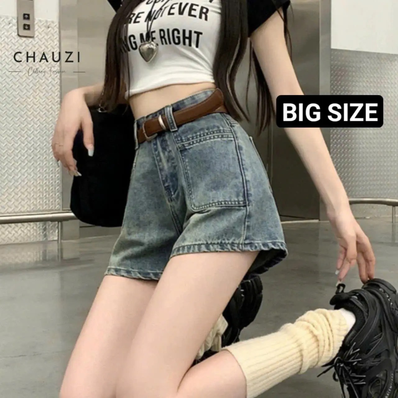 Quần Short Denim Chauzi Lưng Cao Phối Túi Trước Cho Nữ Cao Cấp Quần Eo Cao Nhỏ Thời Trang Women Pants Bigsize