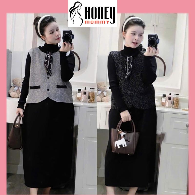 Set Đầm Bầu Váy Bầu Dáng Len Ôm Kèm Áo Gile Khoác Ngoài Cổ Khăn Nhẹ Nhàng Tiểu Thư Mặc Đi Dạo Đi Cafe HD3263 Honey Mommy