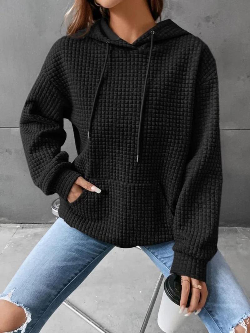 Product Introduction of Women's Plain Textured Drawstring Drop Shoulder Hoodie, Trendy Casual Pocket Long Sleeve Hooded Sweatshirt for Autumn & Winter, Perfect Girl's Clothes for Daily Wear, Hoodies for Women 7