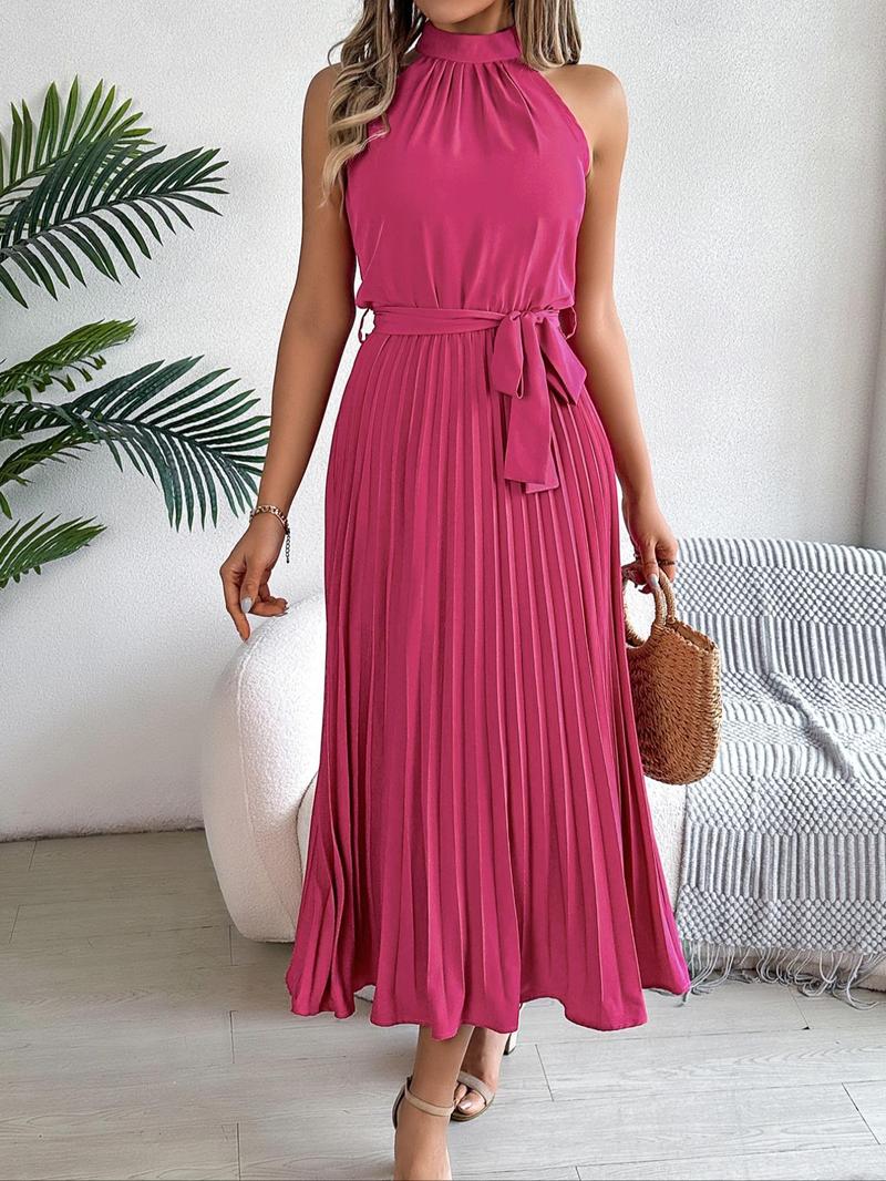 Product Introduction of Women's Solid Color Belted Pleated Halter Tank Dress, Elegant Casual Sleeveless A Line Long Dress for Summer, Ladies Clothes for Beach Holiday 1