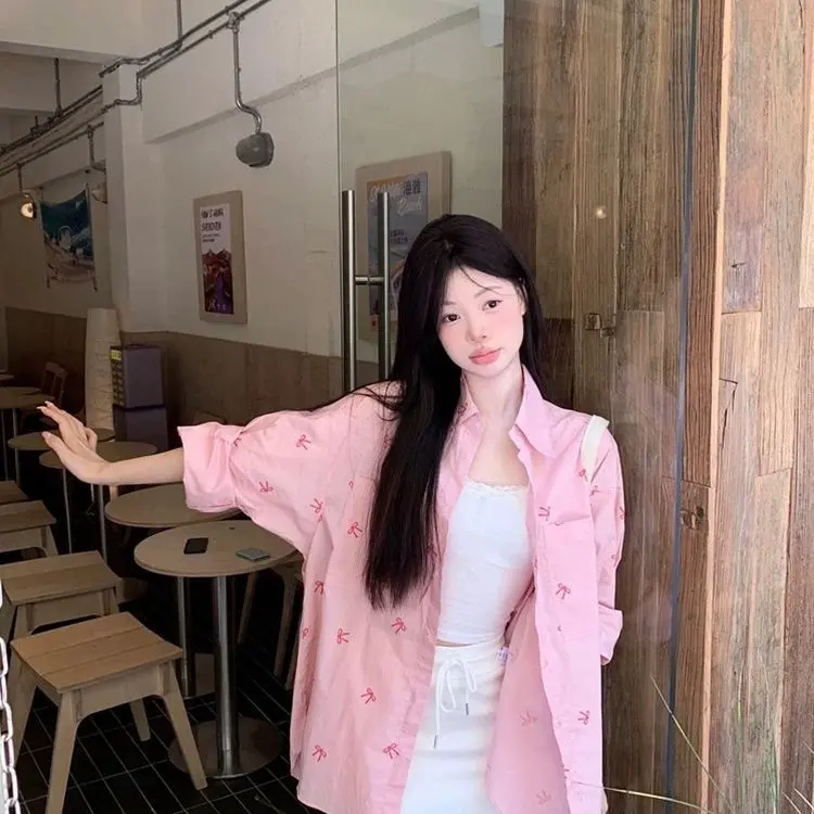 Áo Sơ Mi Dài Tay Thường Ngày Cho Nữ, Màu Hồng, In Hình Nơ, Hàng Mới Về Mùa Thu, Phong Cách Ngọt Ngào Và Rộng Rãi, Áo Cardigan Dài Trung Bình Hợp Xu hướng 2
