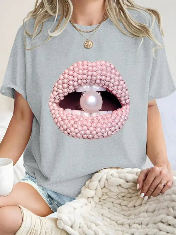 Women's Mouth & Faux Pearl Print Round Neck Tee, Fashion Casual Crew Neck T-Shirt for Daily Holiday Vacation Outdoor Wear, Ladies Clothes for Summer 4