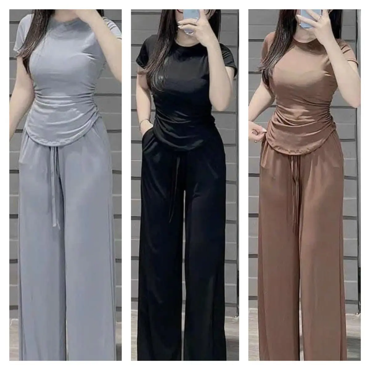 SÉT BỘ SUÔNG DÂY RÚT EO GỌN DÁNG THUN GÂN TĂM LẠNH CÓ TÚI  Áo Nữ Cotton Top Women Nâu