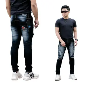 celana jeans sobek lutut distro Slim-fitting Denim Pria Nyaman Panjang Ripped