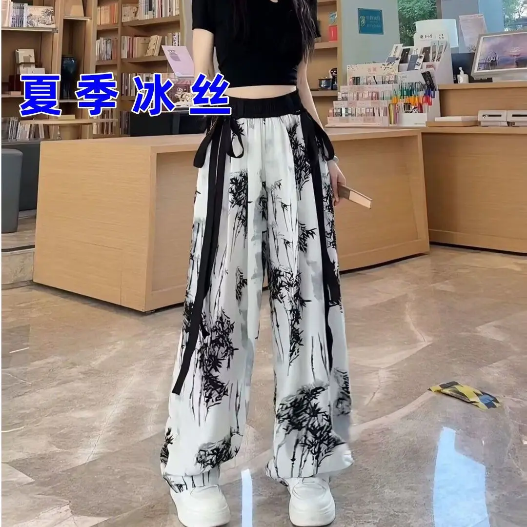 Quần Ống Rộng Lụa Lạnh Vẽ Mực Guo Feng, Dành Cho Nữ, Dáng Rộng, Quần quét đất Nhà Thẳng thụng, Thích Hợp Cho Mùa Hè, Hàng Mới Về Năm 2025