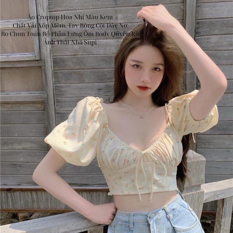 Áo Croptop Nữ Tachaastin Cổ tim. Phong Cách Tiểu Thư inHoa Nhí Đáng Yêu. Tay Bồng. Chất Vải Xốp Mềm Phối Dây Nơ Đáng Yêu. Bo Chun Toàn Bộ Phần Lưng. Nữ Women  Sơ Mi 2