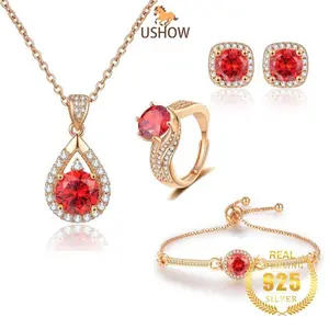 USHOW Mawar Emas Merah Zirkon Cincin Kancing Telinga Kalung Gelang Empat Buah Setelan Perhiasan
