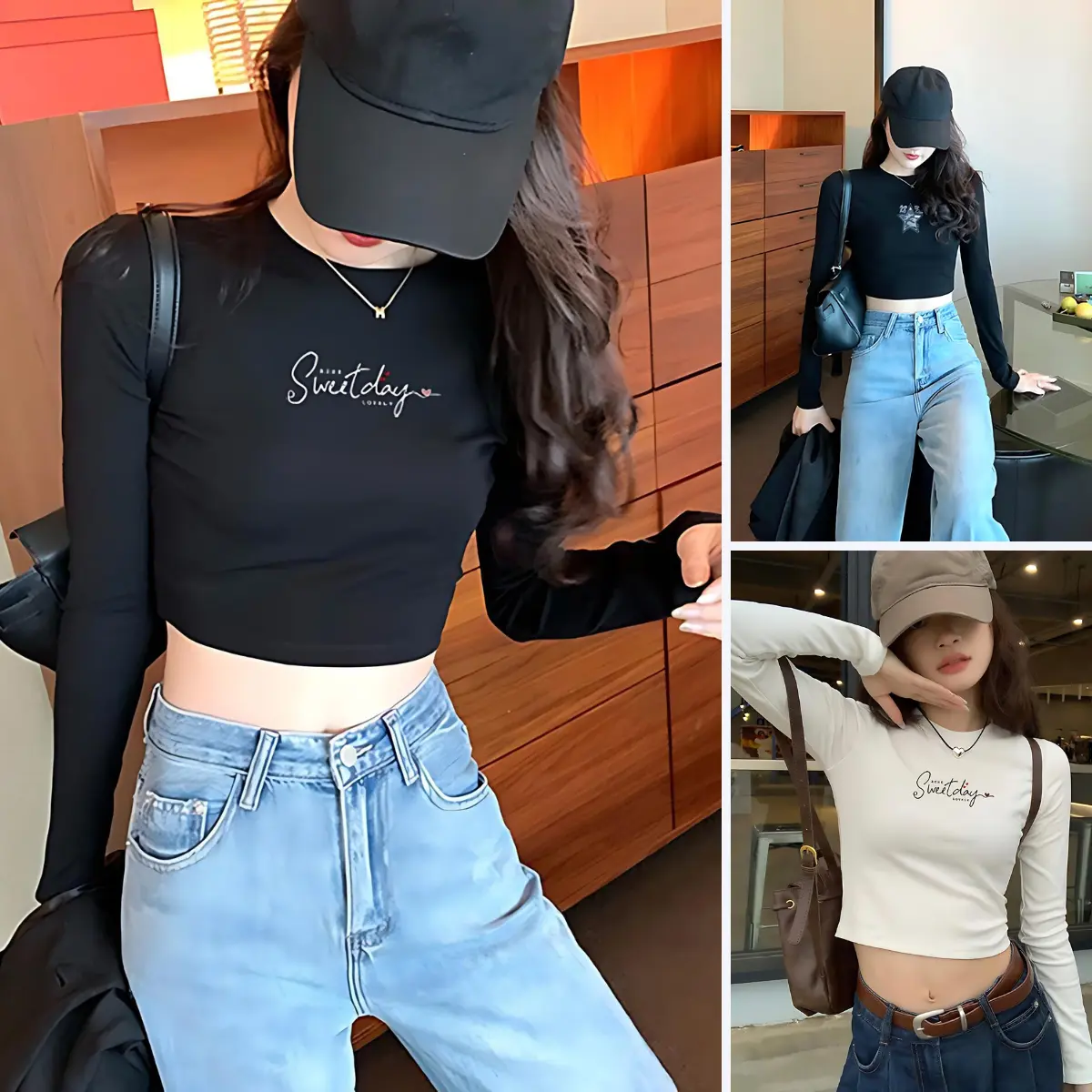 Áo croptop tay dài nữ chất liệu borip 4 chiề dáng ôm ngắn - Áo thun dài tay màu đen/trắng - LOZA G0097