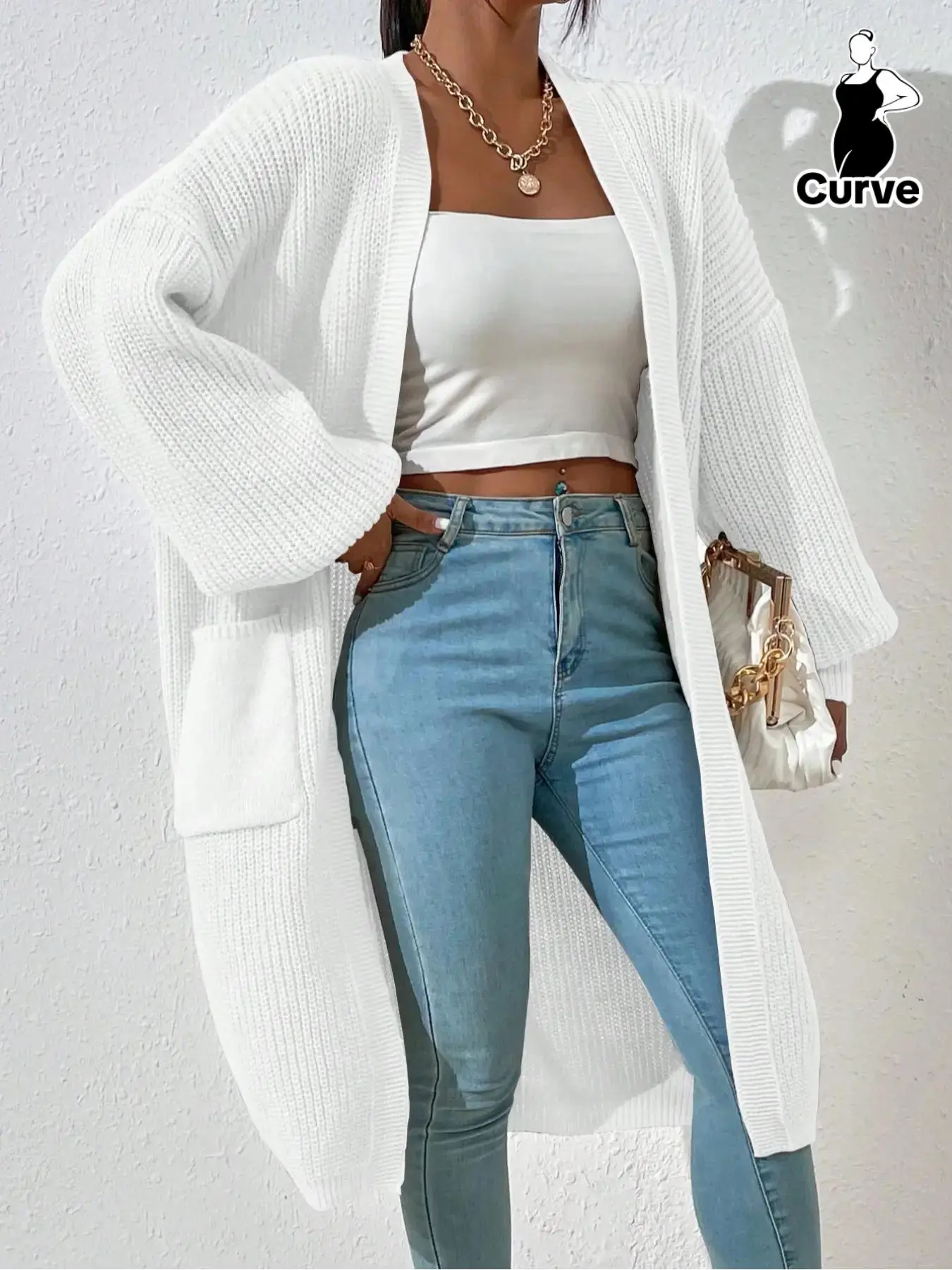 【Plus Size】solid Pocket Drop Shoulder Cardigan, Elegant Chic Casual Long Sleeve Open Front Knitwear for Fall & Winter, Women's Clothing for Daily Wear, Going-out Tops