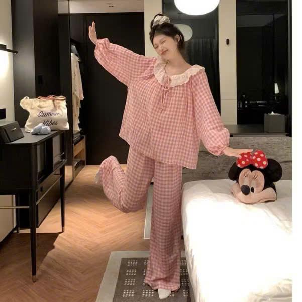 Set đồ ngủ nữ màu hồng mặc nhà kẻ caro - Set đồ bộ nữ màu trơn pastel Women Áo Quần Ngủ Top