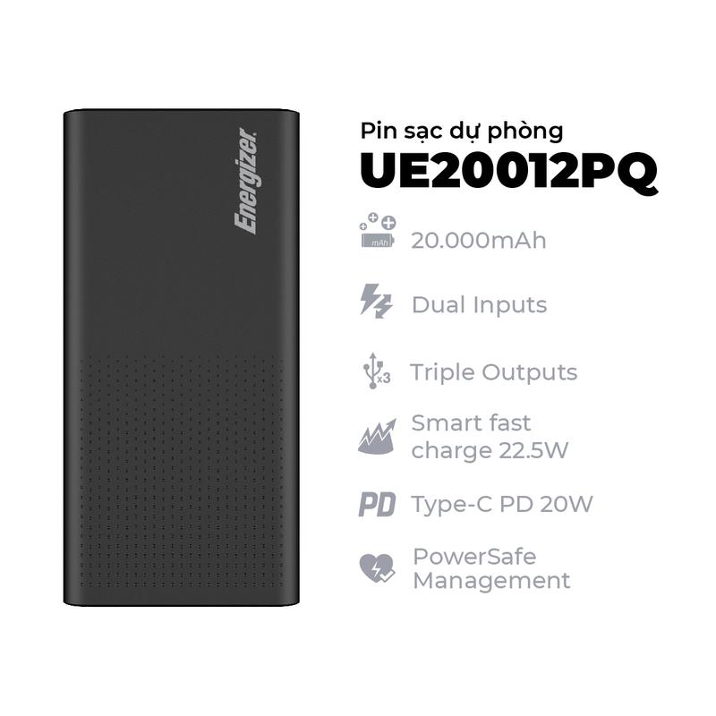 Pin dự phòng Energizer 20000mAh UE20012PQ - tích hợp sạc nhanh 2 chiều, 3 cổng sạc ra tiện lợi - Hàng chính hãng 0