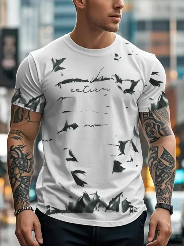 Men's Random Print Round Neck Sweatshirt, Regular Fit Casual Fashion Long Sleeve Pullover for Summer, Men's Top for Daily Wear 2