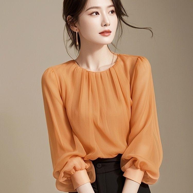 Áo Dài Tay Đẹp Phong Cách Pháp, Màu Trơn Dành Cho Nữ, Hàng Mới Về Mùa Thu 2024, Áo Sơ Mi Nhỏ Thanh Lịch, Áo Voan Phổ Biến, Thích Hợp Cho Phụ Nữ, 1 / 2 Cỡ 4