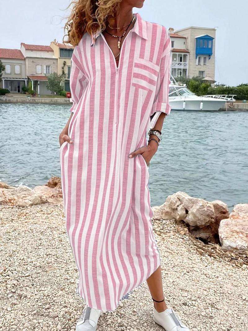 Product Introduction of Women's Striped Print Button Front Shirt Dress, Elegant Collared Dress for Spring & Fall, Ladies Clothes for Daily Wear 9