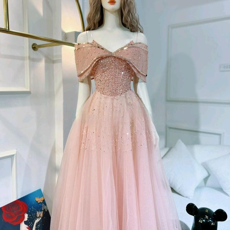 ĐẦM CÔ DÂU XOÈ TRỄ VAI KẾT 33SK Nữ Kem Women Dress Kim Tuyến Đỏ 4