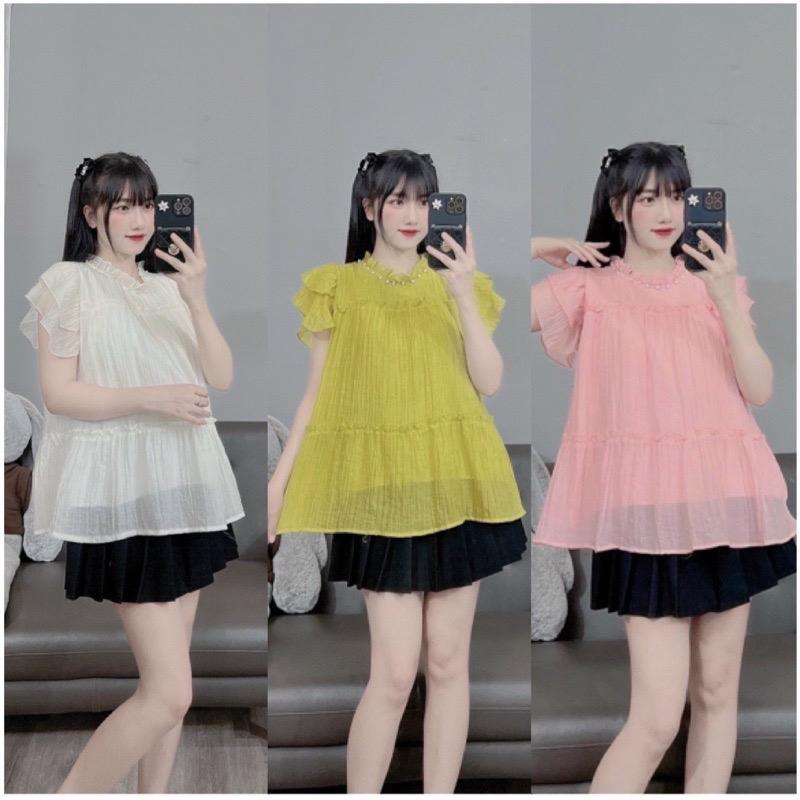 Áo bầu thiết kế cộc tay cánh tiên cổ ngọc áo bầu babydoll chất liệu tơ nhăn 2 lớp siêu xinh giá tại xưởng Váy Bầu Đầm Bầu Voi áo xanh lá đính kết áo yếm đuôi vịt xám xanh túi