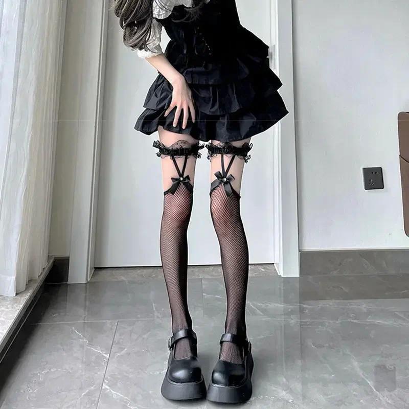 Tất Lưới Cá, Tất Ống Dài, Phong Cách JK Lolita Cô Gái Nhật Bản, Với Nơ Ren, Tất Cao Đến Đầu Gối, Y2k 2