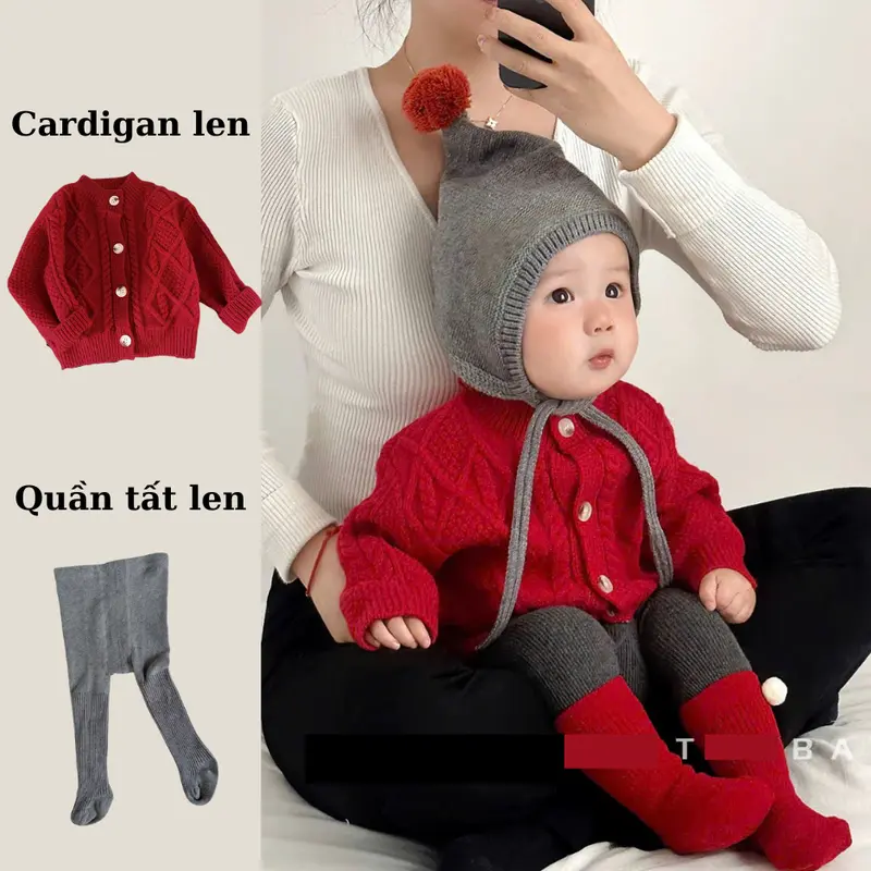 7kg - 18kg - CÓ SẴN - Set áo khoác len, cardigan len kèm quần tất phong cách Hàn Quốc cho bé trai bé gái 0