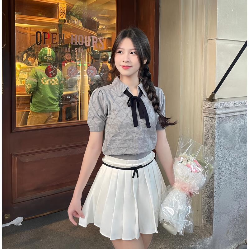 (Hàng QC) Áo Len Polo Croptop Phối Nơ Hoạ Tiết Quả Trám Nhiều Màu Siêu Xinh