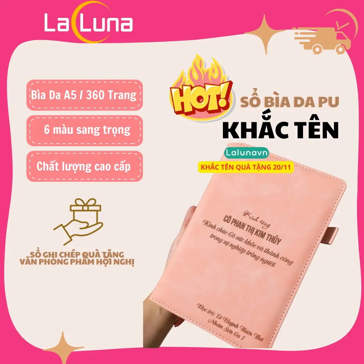 (Quà Tặng Ý Nghĩa) Sổ tay bìa da PU KHẮC TÊN cỡ A5 sổ ghi chép quà tặng văn phòng phẩm hội nghị 360 trang B122