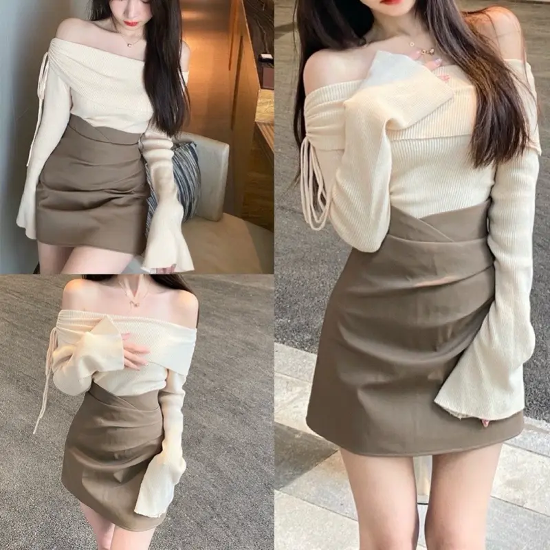 Set áo thun tăm dài tay loe kèm chân váy chữ A nâu xoắn eo lưng cao, Áo nữ kiểu hở vai tiểu thư tay rút hàn quốc, EYE 2T