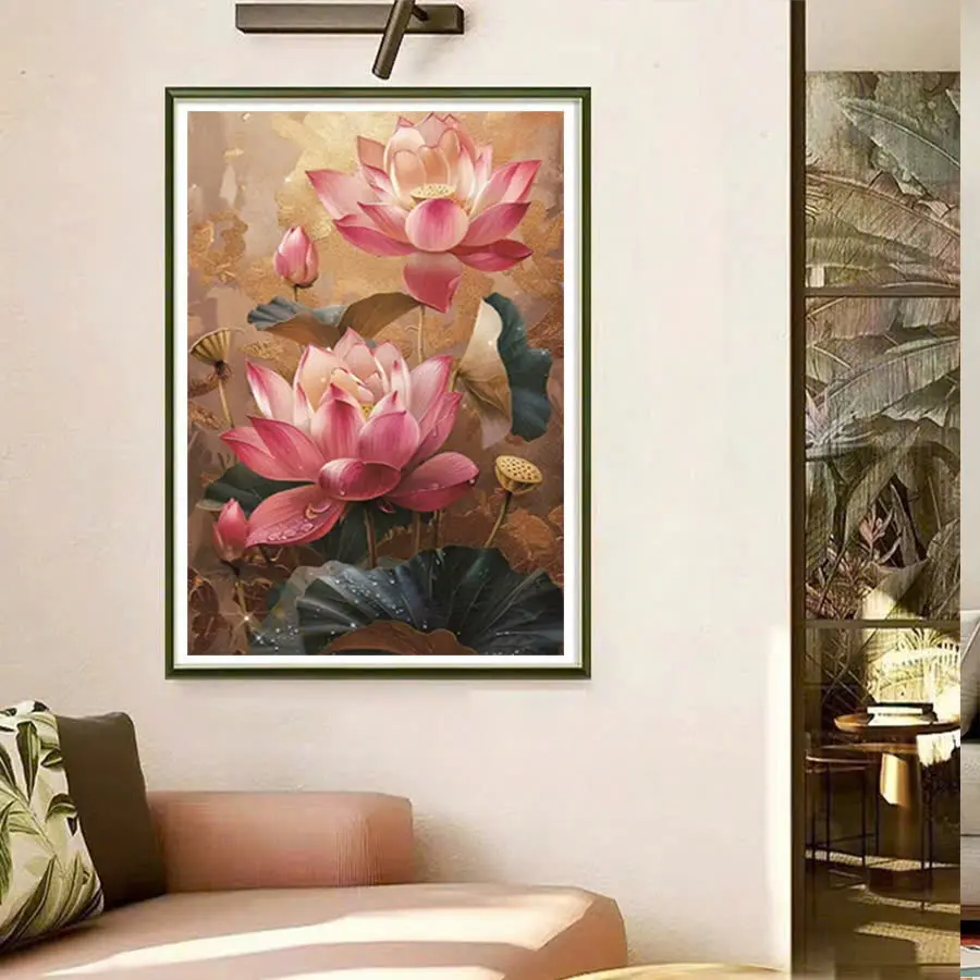 Tranh thêu chữ thập Hoa Sen (thêu kín) VS8195 - KT:(50x76)cm Làm Đồ Handmade