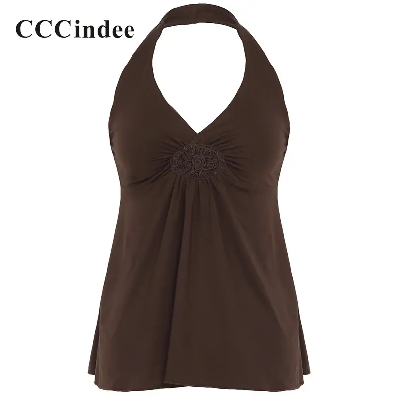 CCCINDEE Women's 2025 Embroidered Low Chest Sexy Backless Vintage Shirred A Hem Skinny Versatile Vest