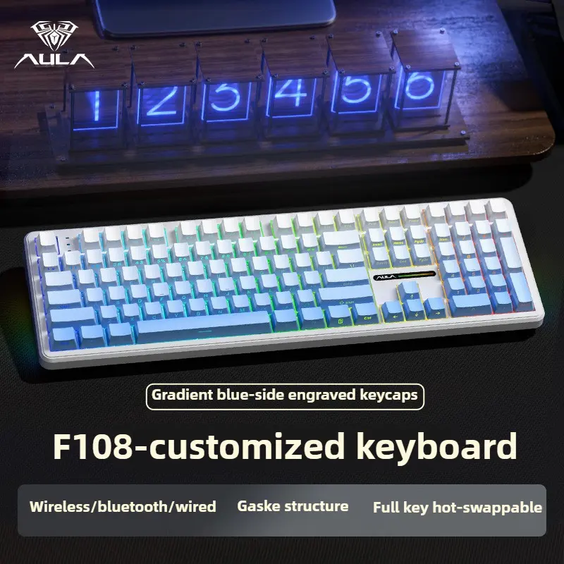 AULA F108 Mechanical Keyboard BT 2.4G Wireless 1K Polling Rate 100% Layout Hot Swappable Customized Hifi Switch RGB Keyboard