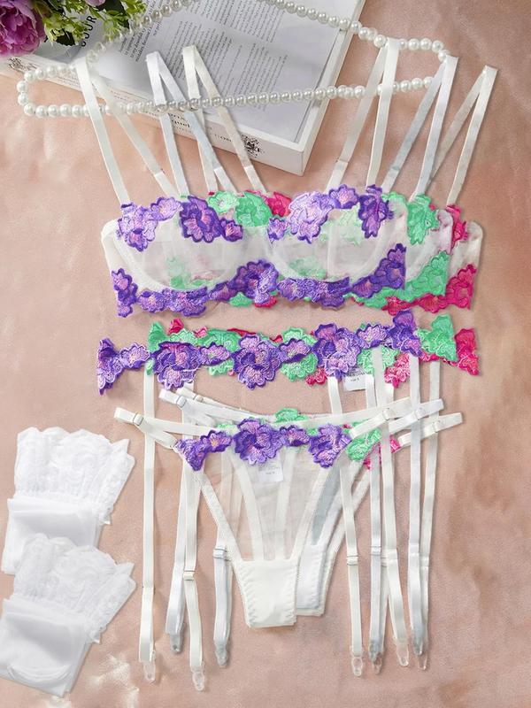 Women's Floral Lace Bra & Thong & Garter Belt & Stockings & Gloves Set, Sexy Comfy Breathable Lingerie Set for Women, Women's Underwear for All Seasons 6