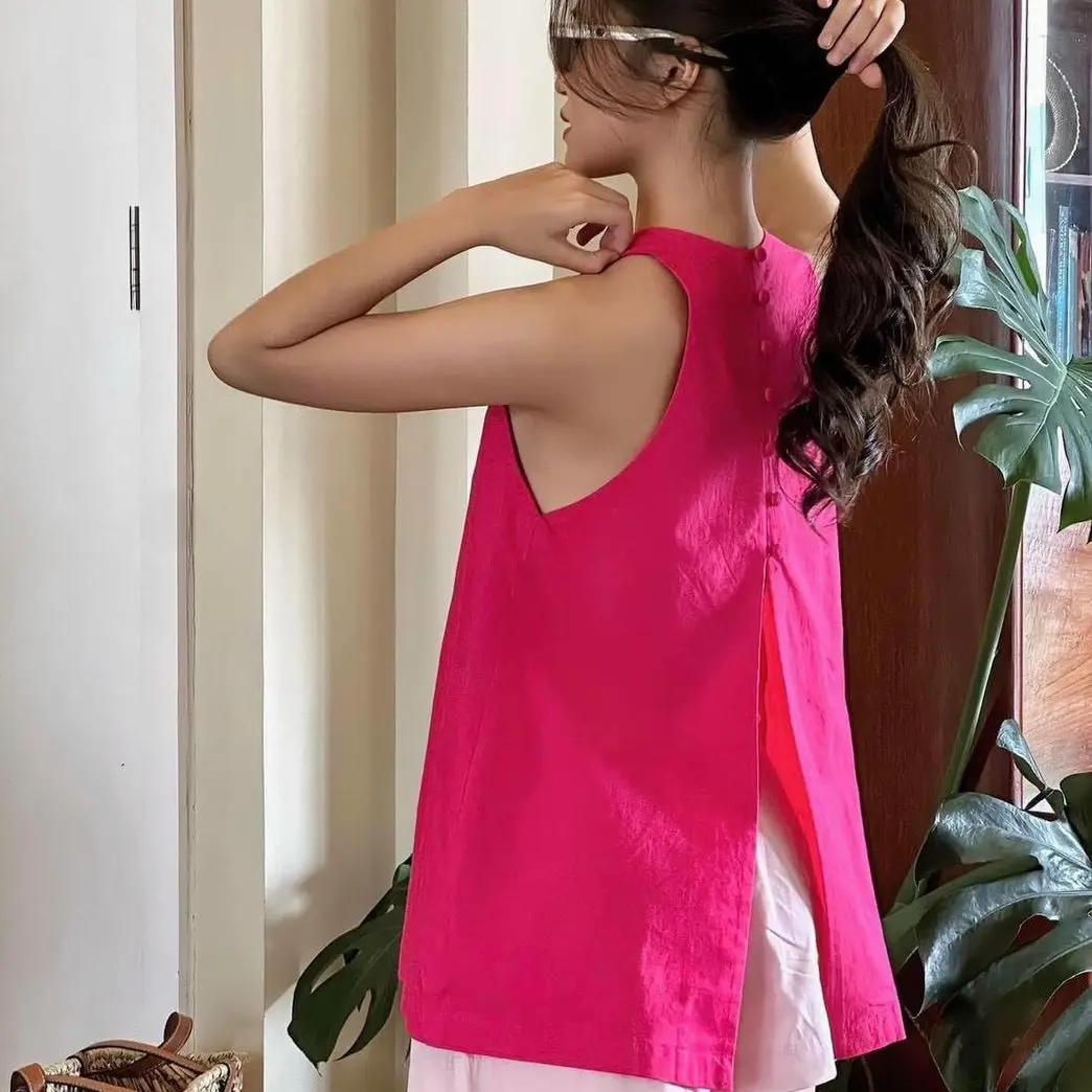Áo linen sát nách kiểu nút bọc sau lưng [MIN.Store]