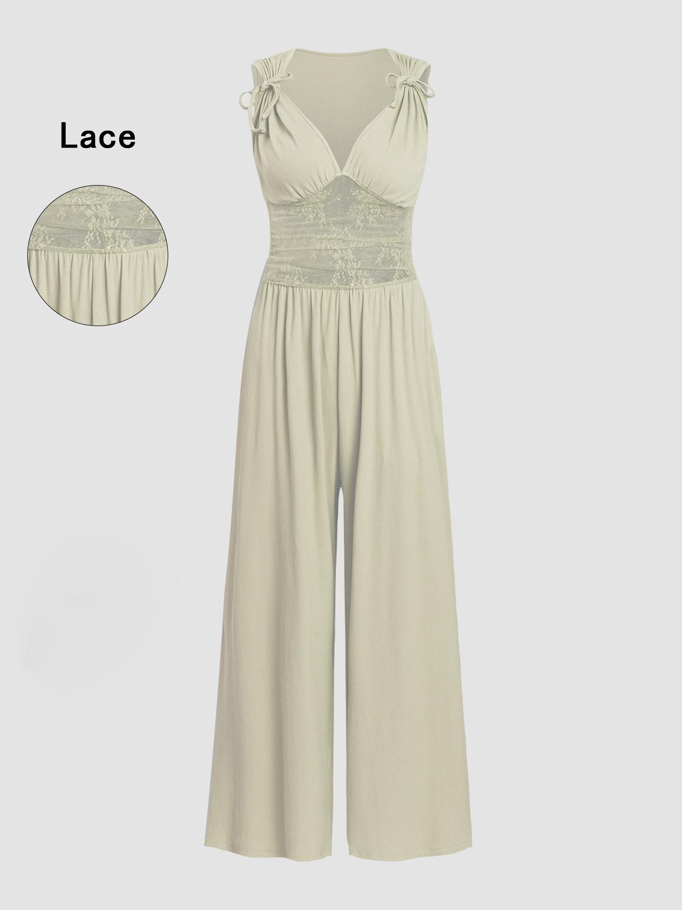 Women's Plain Ruched Deep V Neck Wide Leg Jumpsuit, Sleeveless Ribbed Jumpsuit for Daily Wear, Ladies Clothes for All Seasons, Casual Basic Jumpsuit Women's Plain Ruched Deep V Neck Wide Leg Jumpsuit, Sleeveless Ribbed Jumpsuit for Daily Wear, Ladies Clothes for All Seasons, Casual Basic Jumpsuit