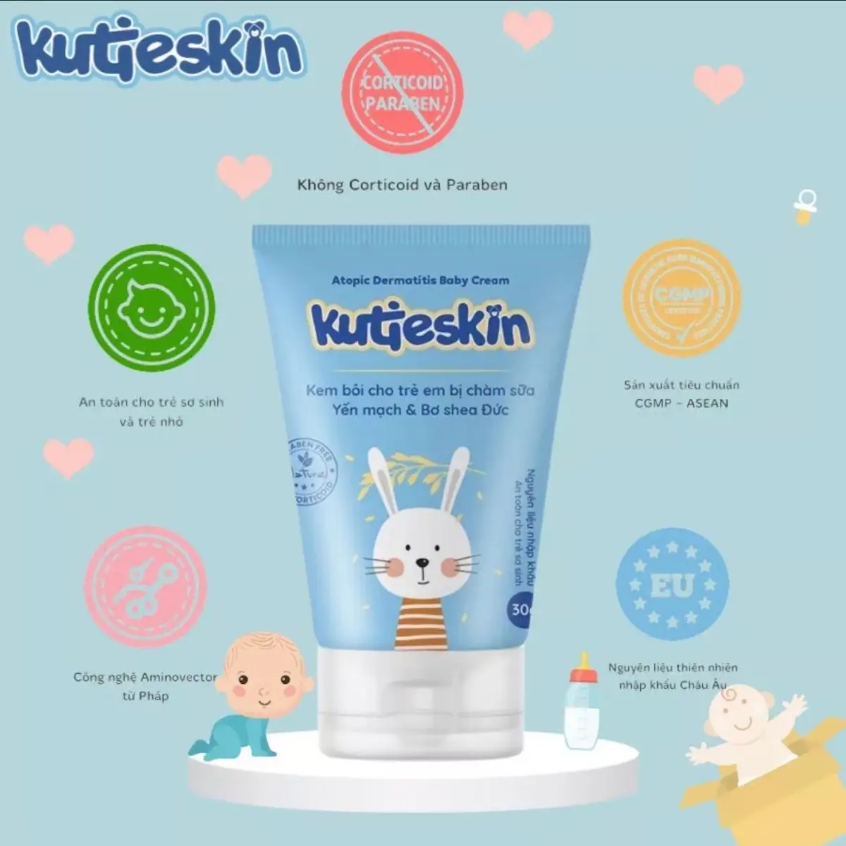 Kem bôi Kutieskin 30gr giành cho da bé sơ sinh và trẻ nhỏ bị chàm , lác sữa không chứa parable