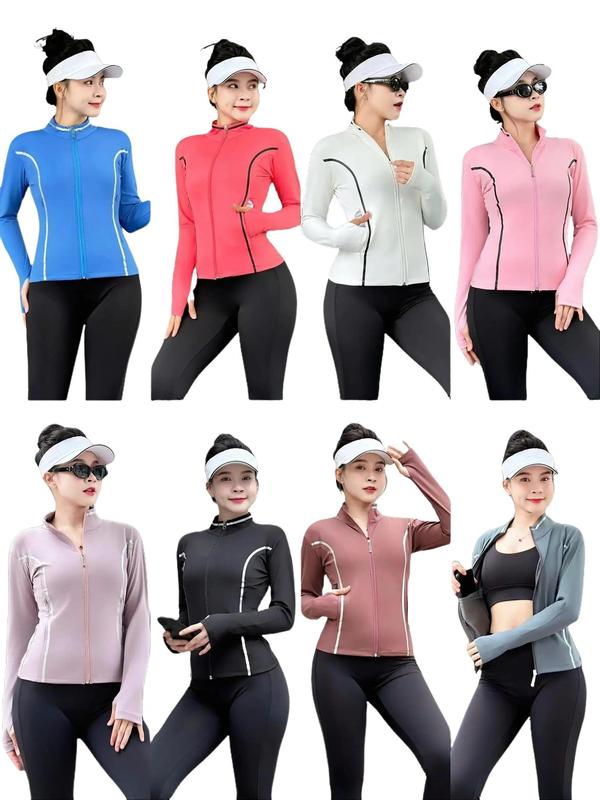 Áo khoác thể thao Y16 NỮ chất liệu poly 2 da co dãn 4 chiều có 2 túi kéo ngoài, 2 túi trong, tay dài sỏ ngón chống nắng . họa tiết in cổ 2 bên sườn tạo điểm nhấn GYM YOGA chạy bộ 1