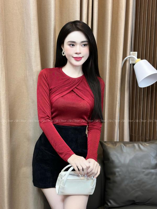 Áo Thun Nữ Dài Tay Cổ Tròn Vạt Cánh Sen chất thun nhũ siêu co giãn ôm body thanh lịch sang chảnh - Top Women Cổ Tròn áothunnu