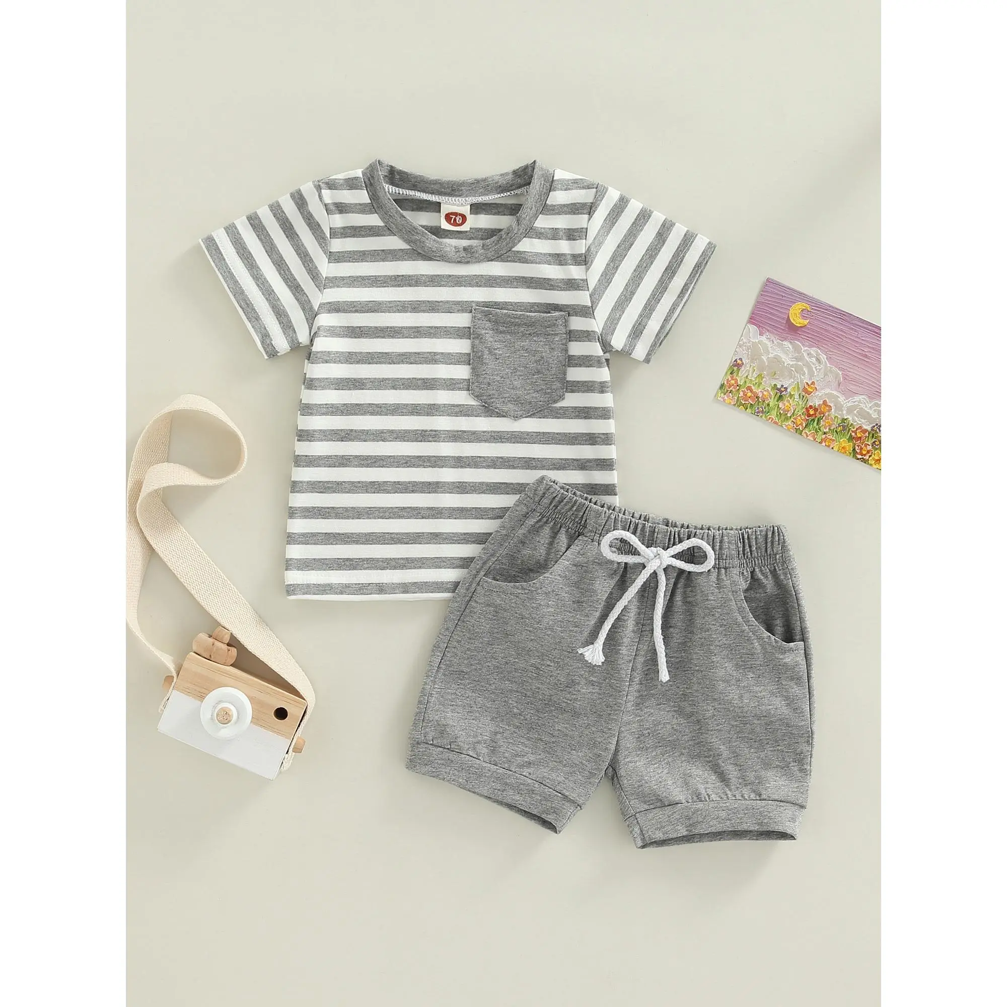 Baby Boys Short Set, Short Sleeve Stripes T-shirt with Elastic Waist Shorts Summer Outfit