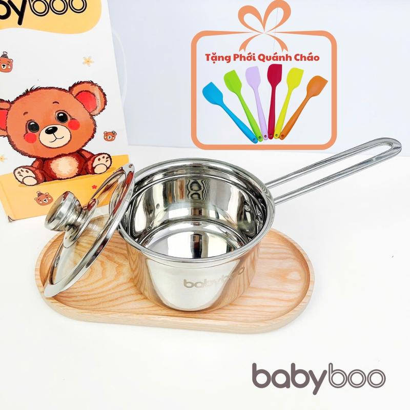 (Tặng Kèm Phới) Nồi quánh nấu cháo ăn dặm cho bé Babyboo size 14cm đáy 3 lớp tay cầm cảm biến nhiệt chống nóng, Quánh nấu bột babyboo cho bé ăn dặm dùng được bếp từ Kem