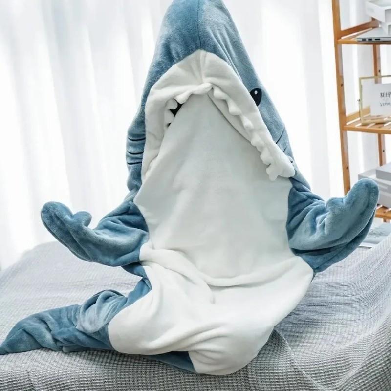 Product Introduction of Autumn Winter Flannel Cartoon Shark Sleeping Bag Home Suit One-piece Shark Nightgown 14