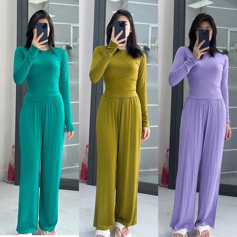 Bộ  Mặc Nhà , Ủ Kem THUN LẠNH CROPTOP Tay Dài Quần Ống Rộng Áo Cotton Nữ Women