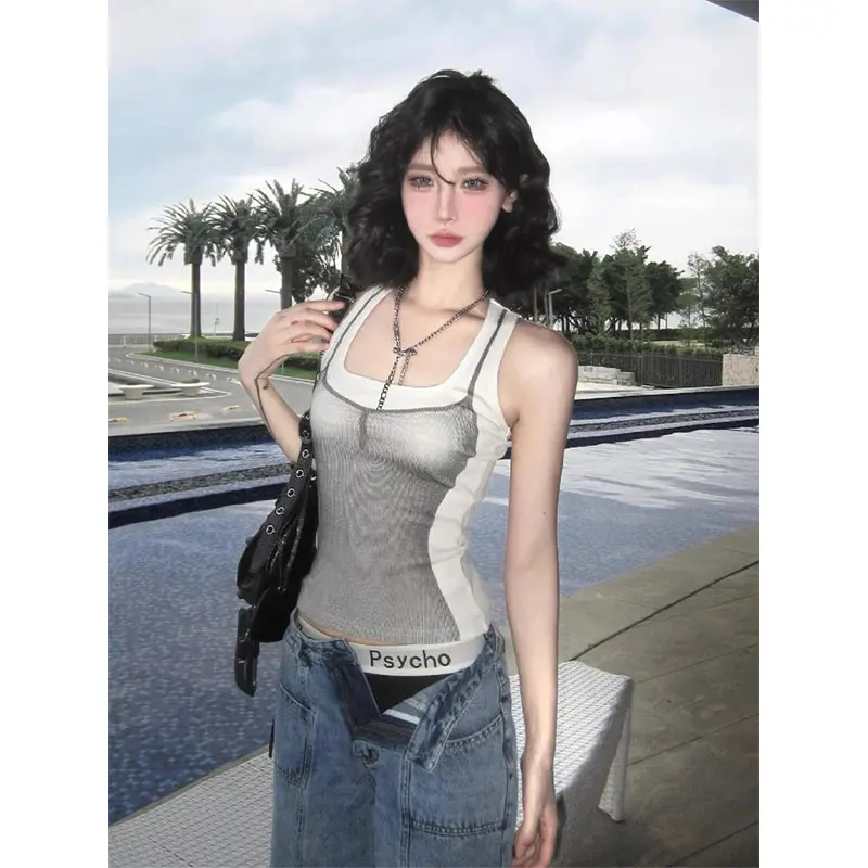 American retro sling nữ mùa hè hot girl in áo vest không tay áo thun eo thon dáng ngắn hàng đầu hợp thời trang