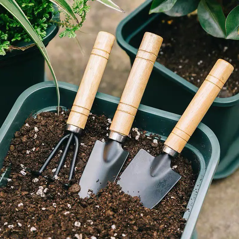 Mini Garden Tool Set 3Pcs / Set Spade Shovel Harrow Flowerpot Plants Wooden Handle Tools Bonsai Succulent Gardening